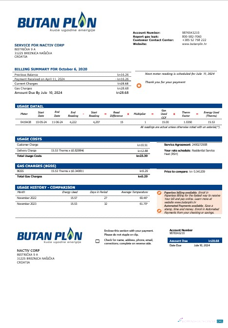 Croatia BUTAN PLIN doo gas business utility bill template in word and pfd formats